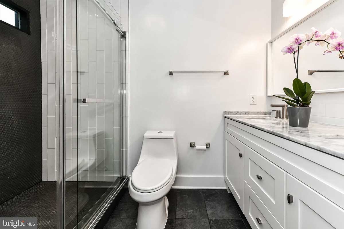 white bathroom with double vanity