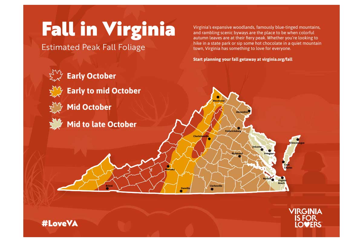 Fall foliage peak map in Virginia