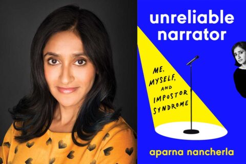 Headshot of Aparna Nancherla and cover art of her book