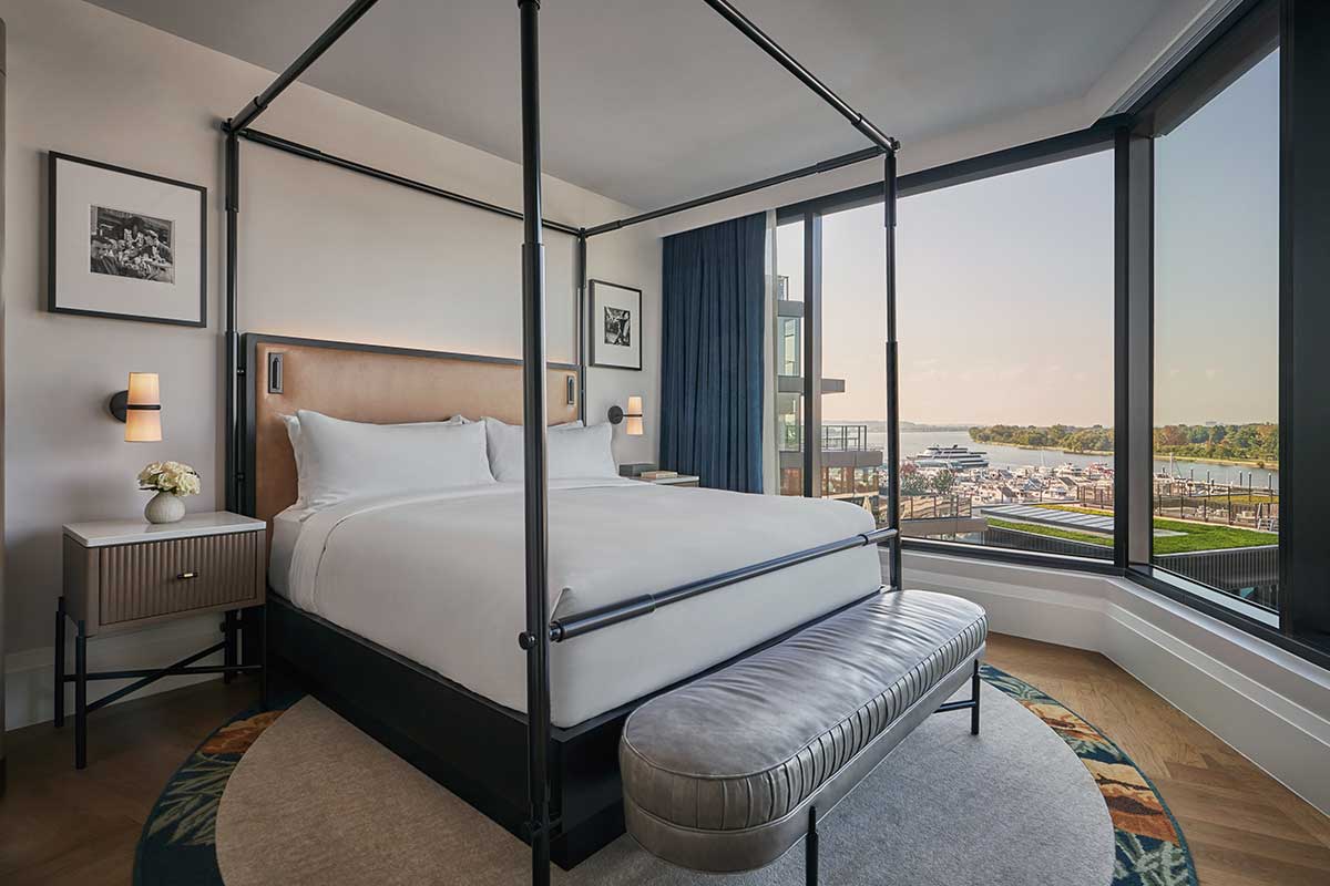 Pendry DC bedroom with view of the Potomac
