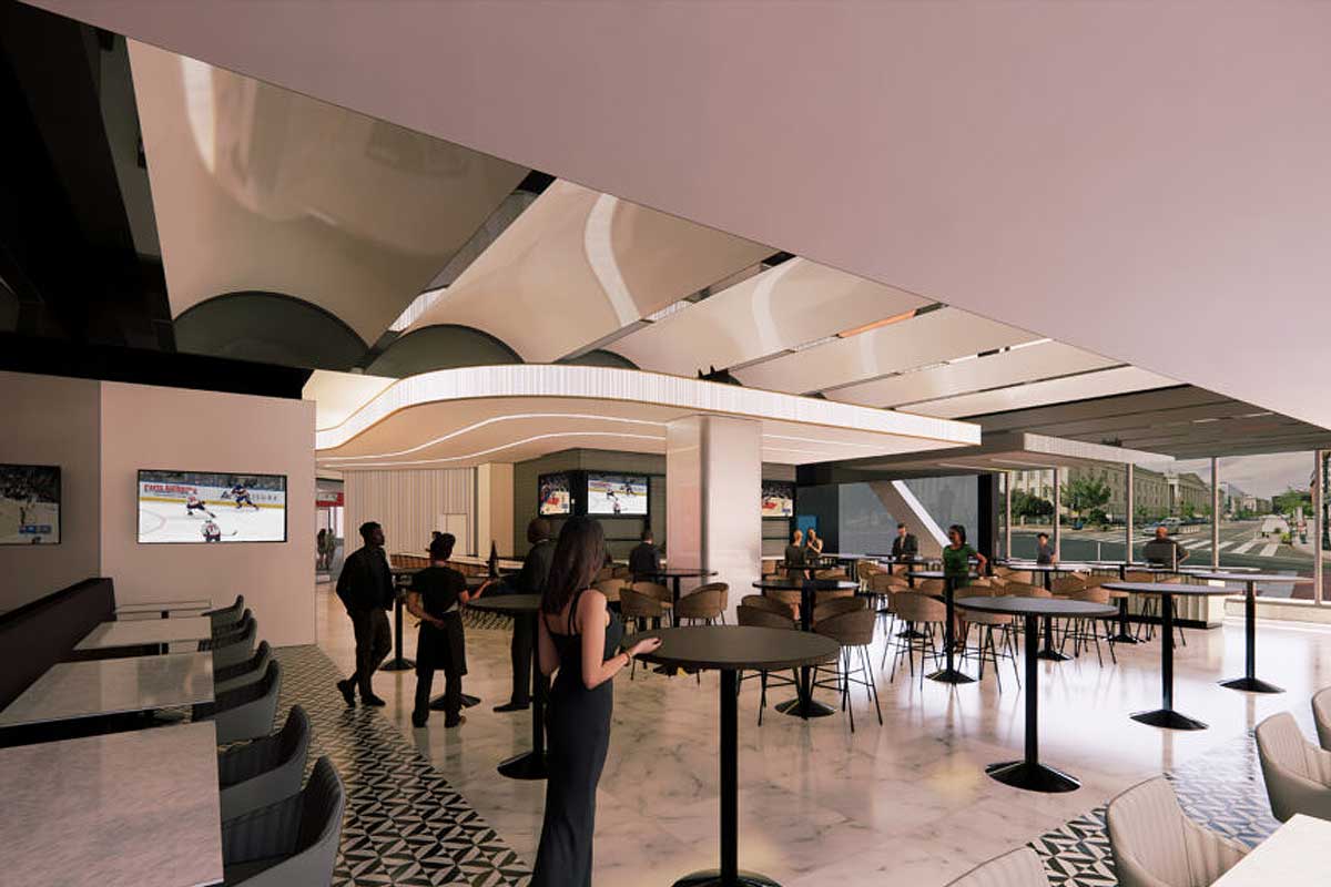 rendering of signature club with tvs and tables