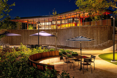 Exterior of Water Bar, on top of waterfall installation