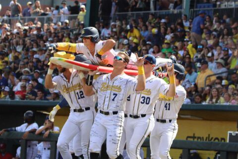 savannah bananas carrying player on surfboard