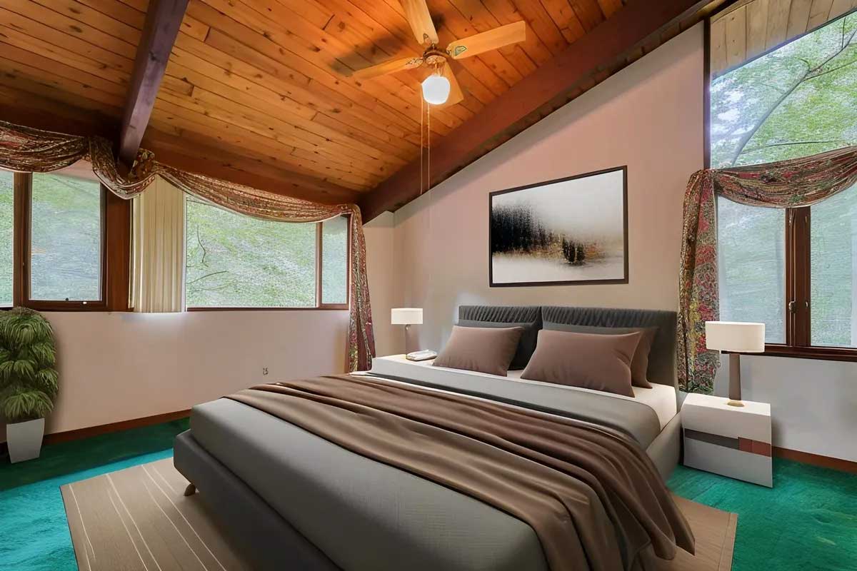 bedroom with wood ceilings and big windows