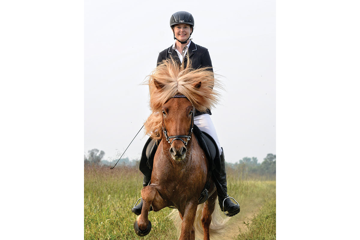 Freygang rides tolt on a stallion named Vaskur fra Kadarholi. 