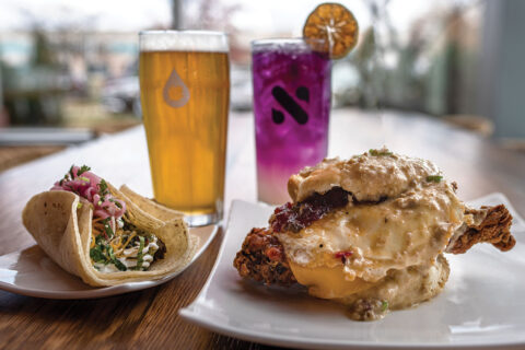 Taco, chicken sandwich, and beer from Crooked Run Fermentation