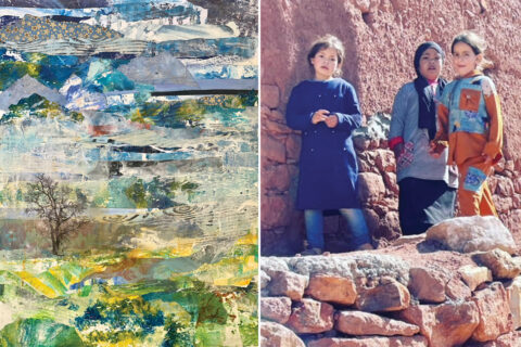 Abstract art on left, photograph of children on right