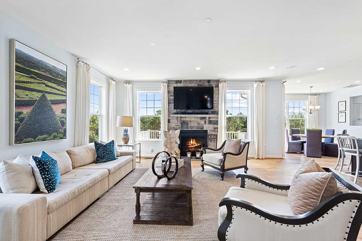 family room with stone fireplace