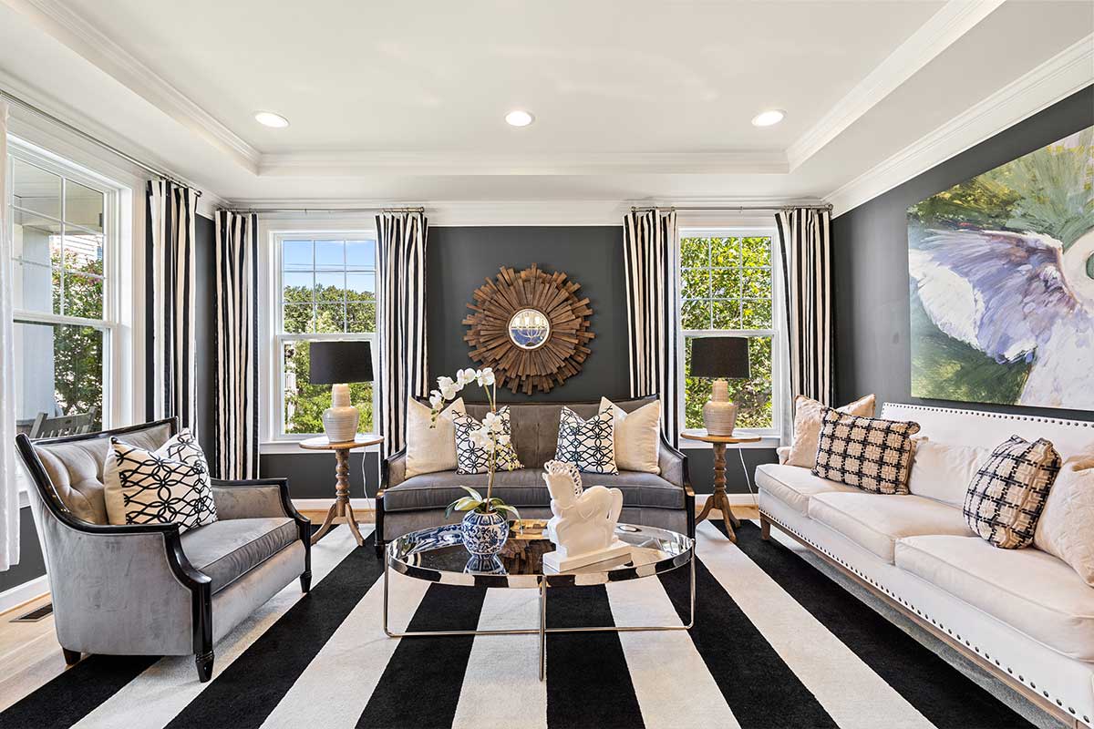living room with black and white stripped carpet