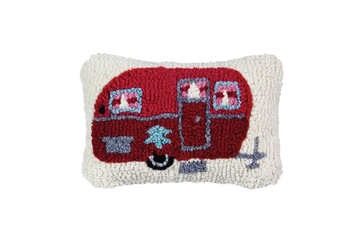 hooked pillow with image of camper