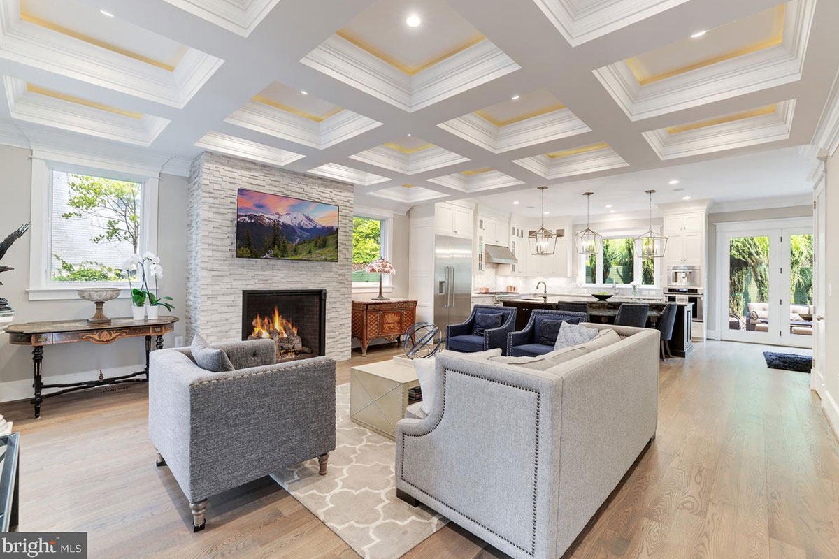 Living room with high coffered ceilings