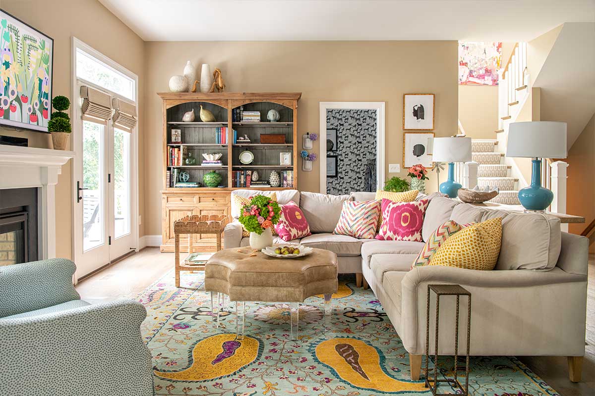 neutral living room with colorful accents