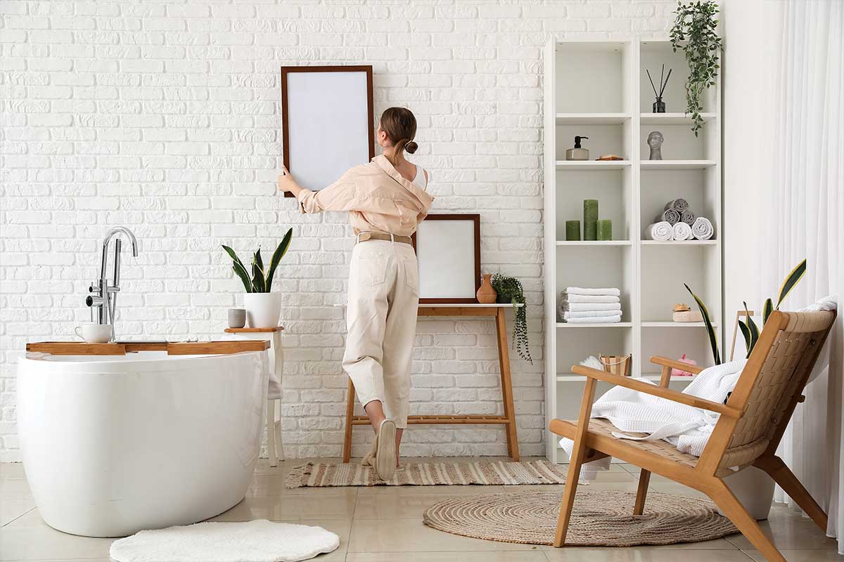 woman hanging frame in bathroom