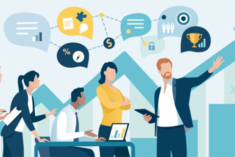 Illustration of people looking at financial info
