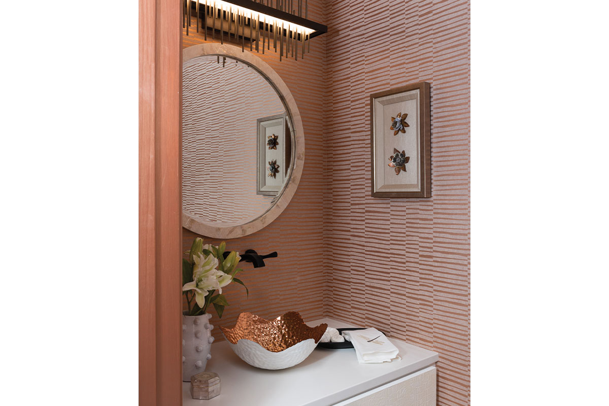 Powder room with textured wallpaper and copper sink