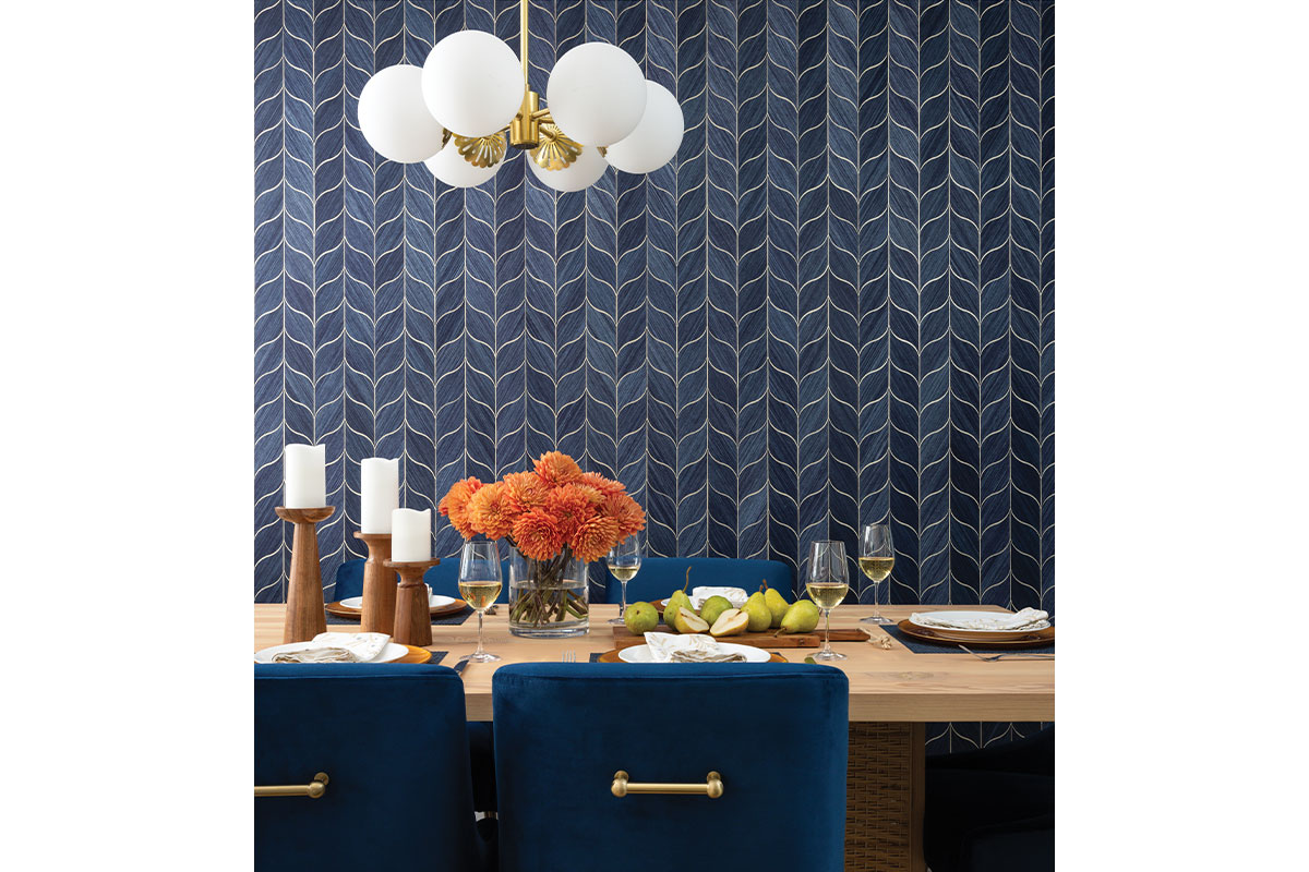 Dining room with blue and gold wallpaper