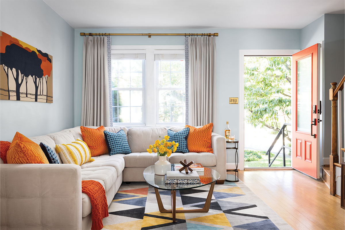 Living room with orange accents