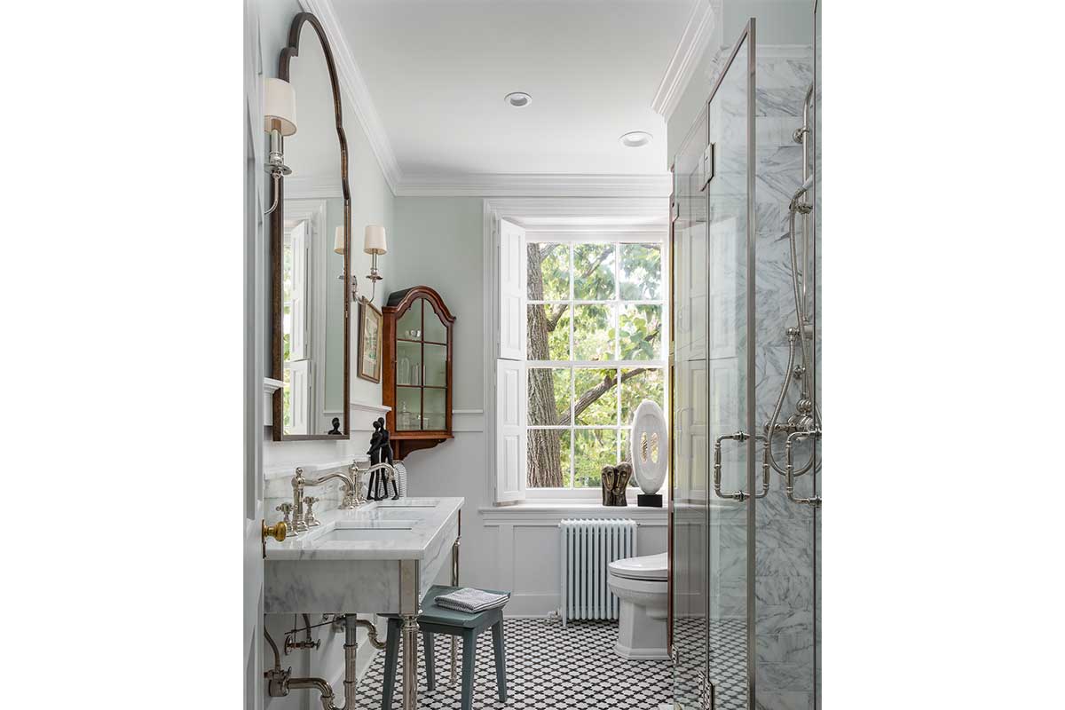 victorian bathroom with sink and walk-in shower