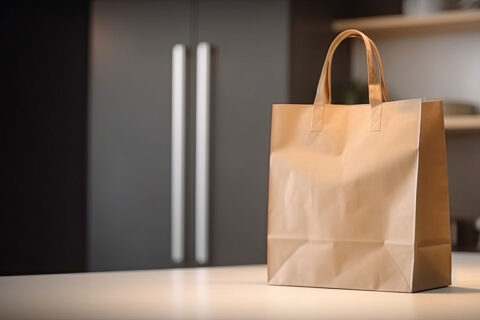 lunch bag on counter in front of refrigerator