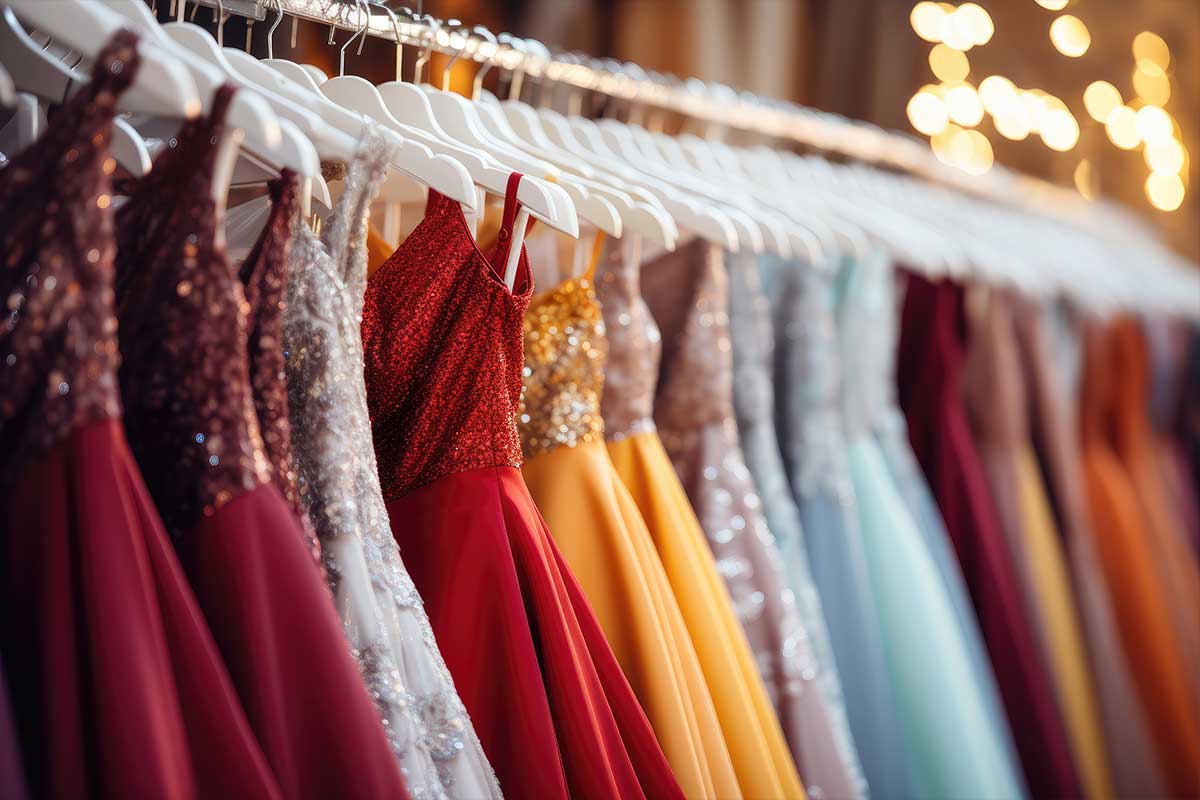 colorful prom dresses on rack