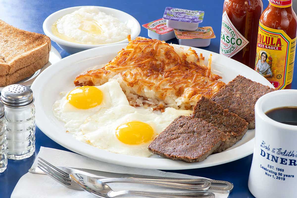breakfast plate with eggs, hashbrowns, sausage