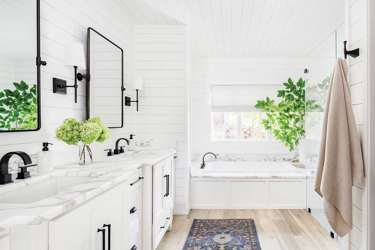 white bathroom with green flowers