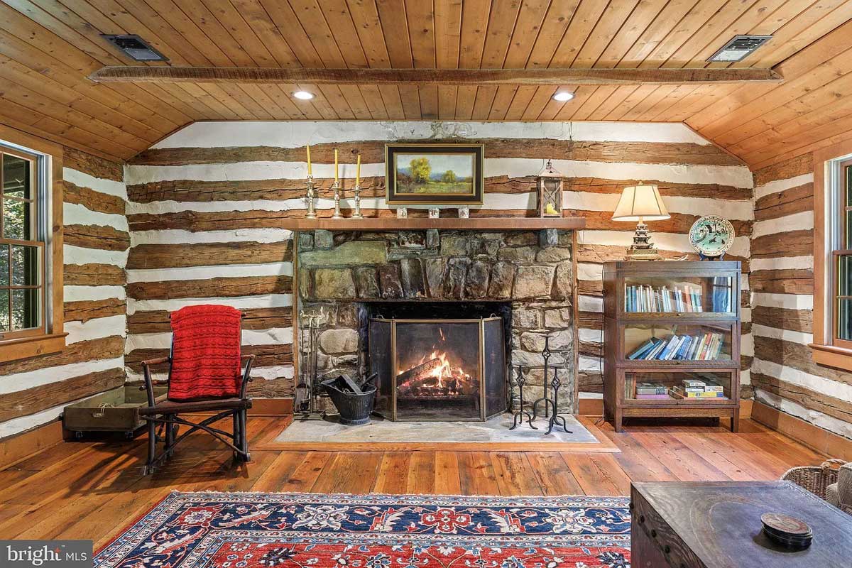 stone fireplace in cabin