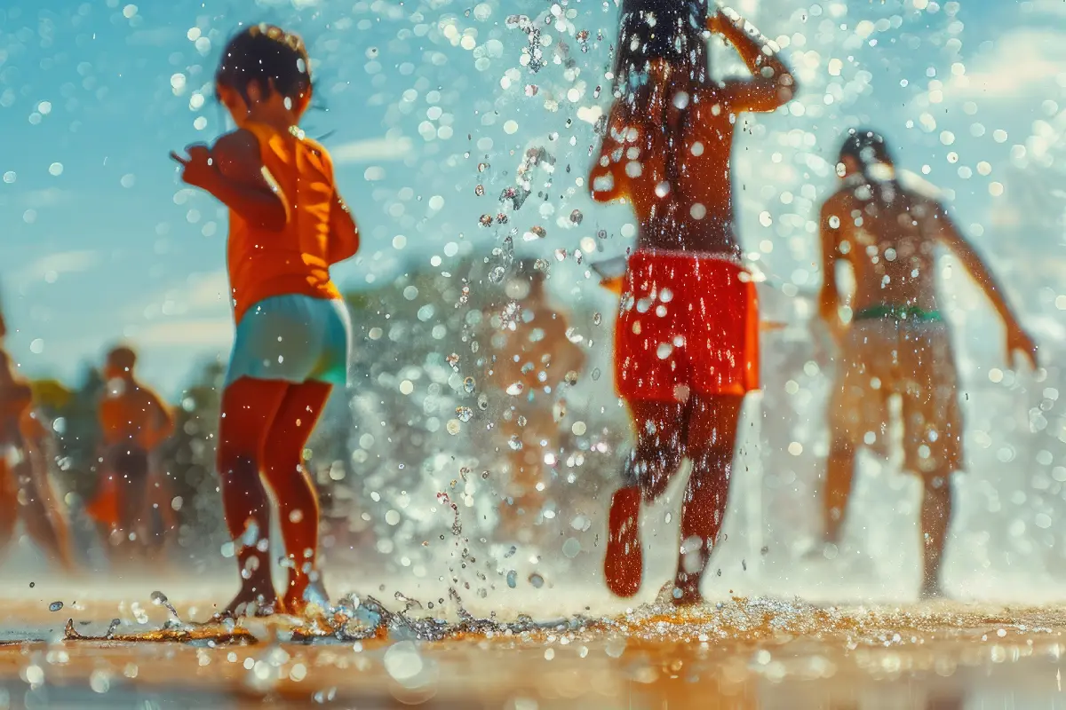 children jump in the water at a splash pad