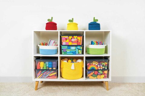 cube storage with colorful bins