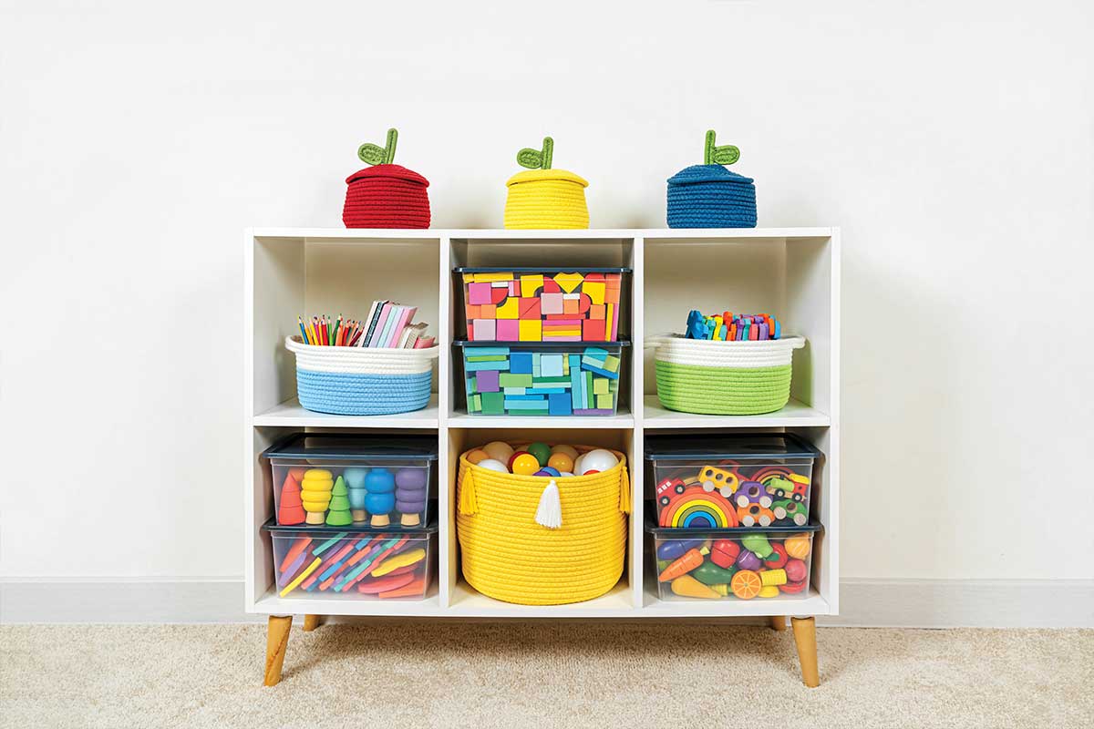 cube storage with colorful bins