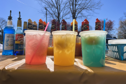 yellow, pink, and blue lemonade