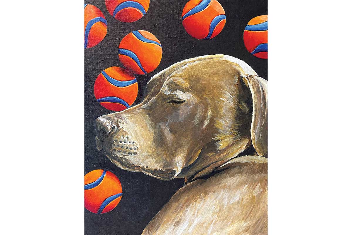 painting of chocolate lab with orange balls