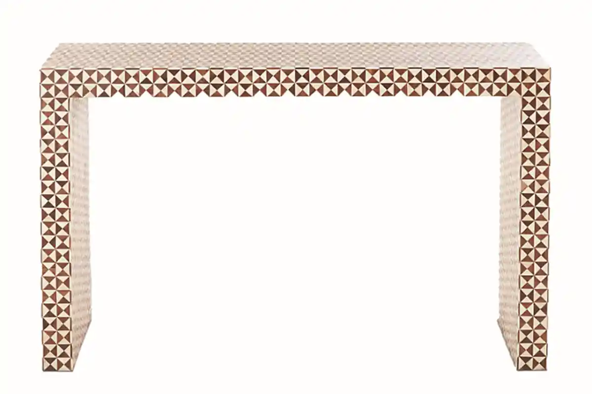 Intarsia 50-inch rectangular mosaic pattern teak wood console table