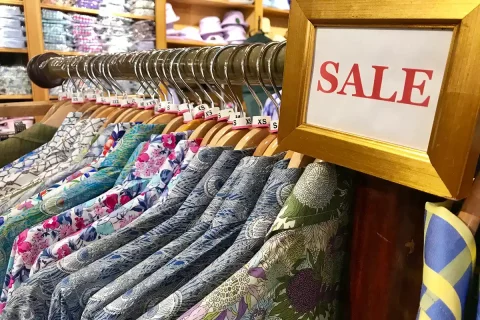 Sale sign over clothing at Country Classics in Middleburg