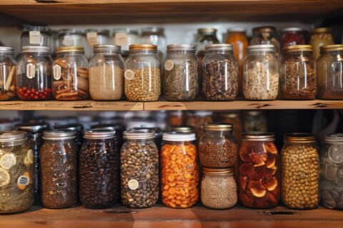 pantry with jars of spices and snacks
