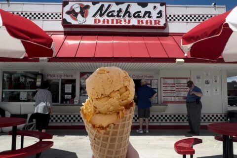 ice cream cone in front of Nathan's Dairy Bar