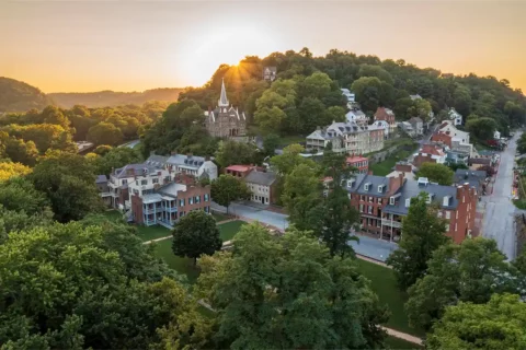 overview of harpers ferry at sunset