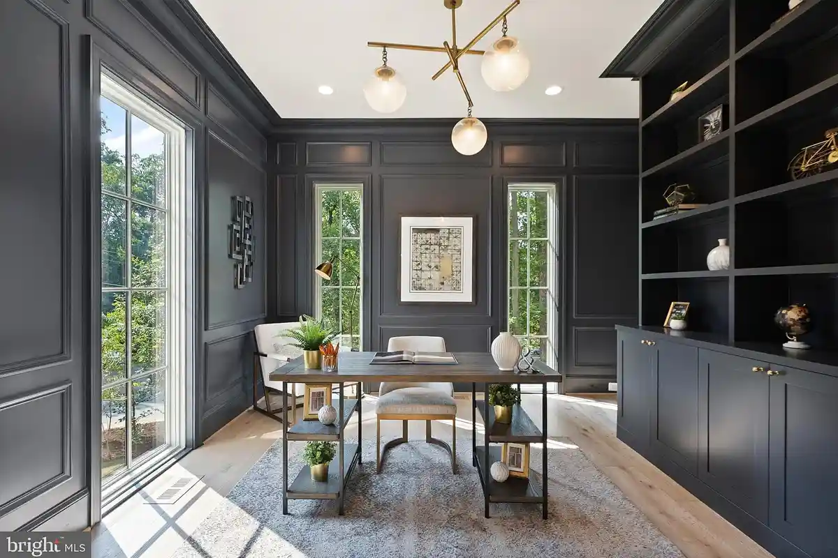 black office with molding accents 