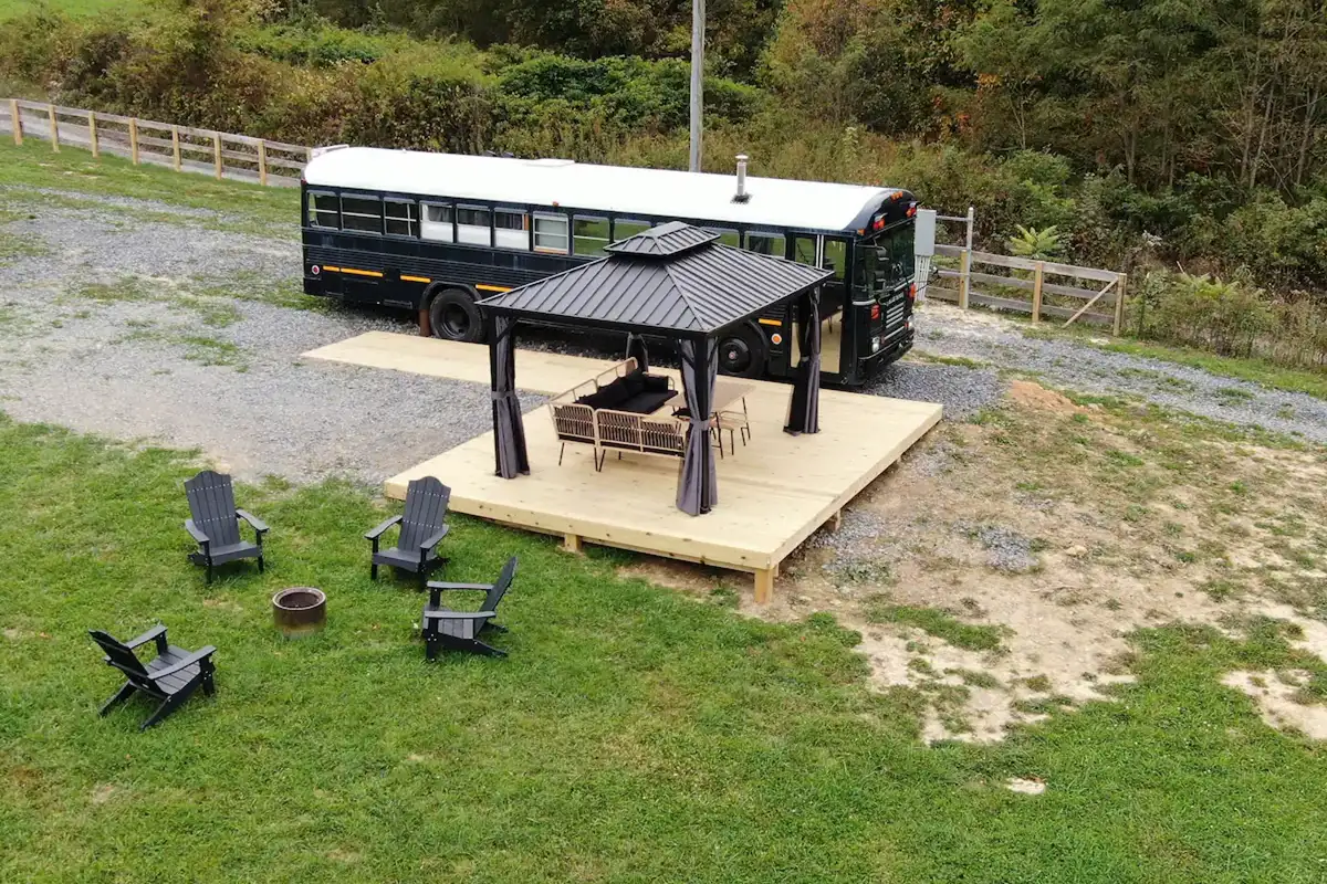 Aerial view of converted school bus Airbnb