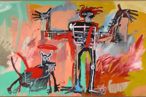 Jean-Michel Basquiat (b. Brooklyn, New York, 1960–1988), Boy and Dog in a Johnnypump, 1982. Acrylic, crayon, and spray paint on canvas. Private collection. © Estate of Jean-Michel Basquiat. Licensed by Artestar, New York.