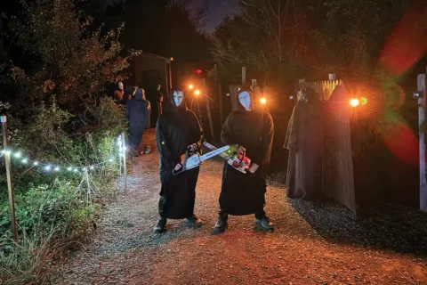 Masked men with chainsaws at cox farms' fields of fear