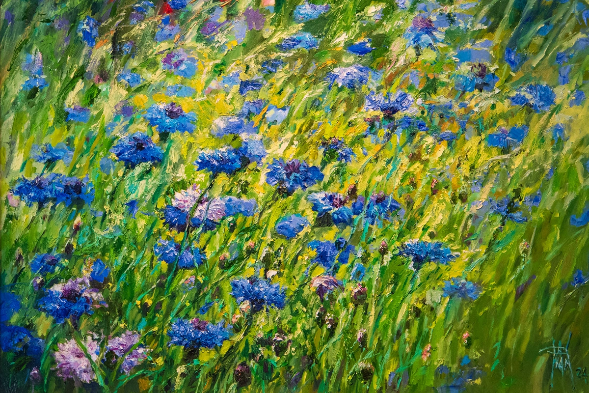 A floral scene by Pakan Penn in vivid blue 