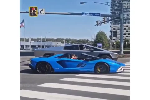 Cybertruck and Lamborghini race in Tysons