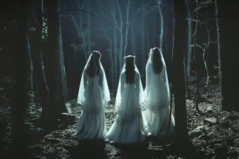 three women in white dresses in dark forest