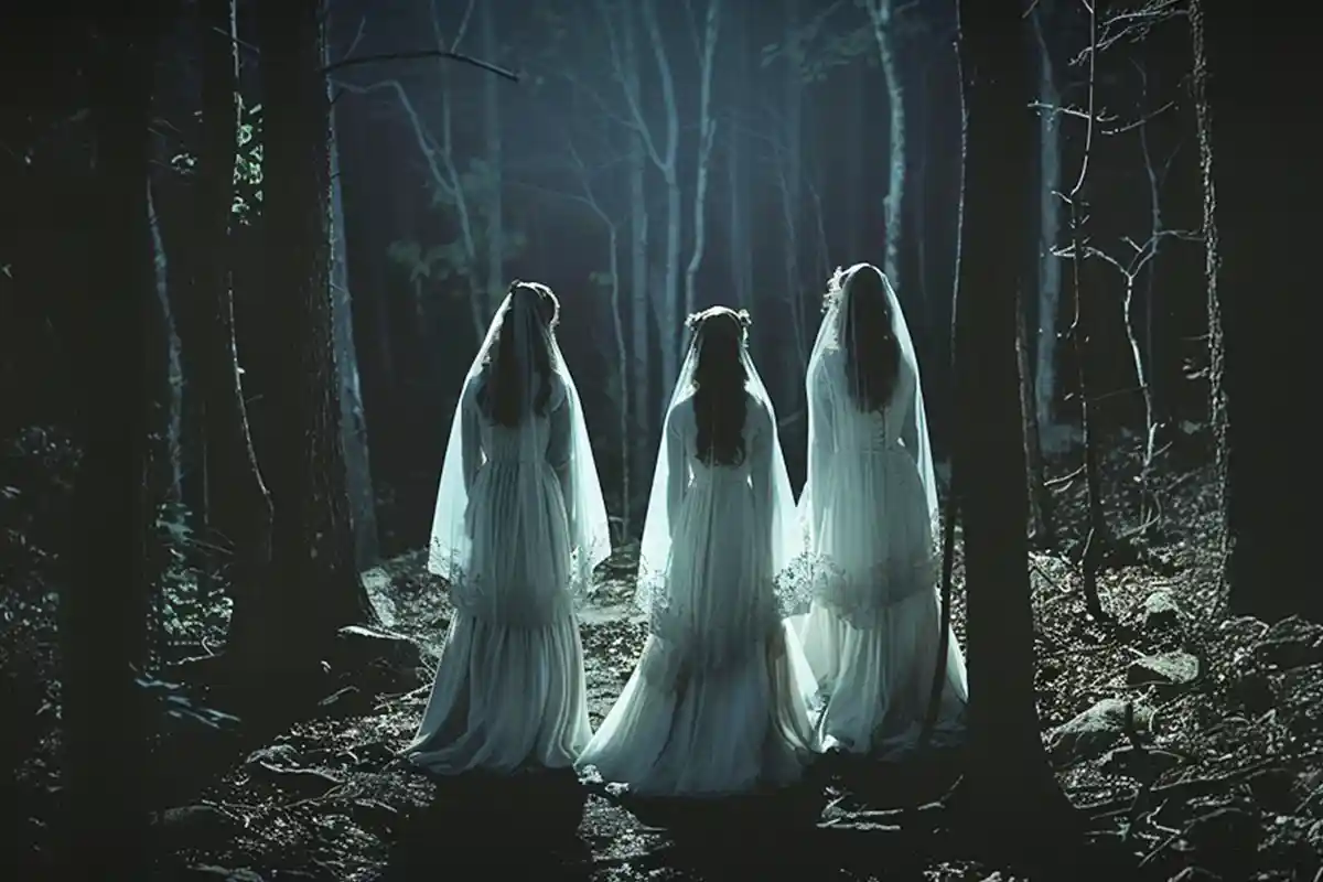 three women in white dresses in dark forest
