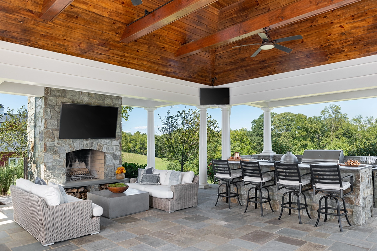 Outside patio with fireplace at the Leesburg estate
