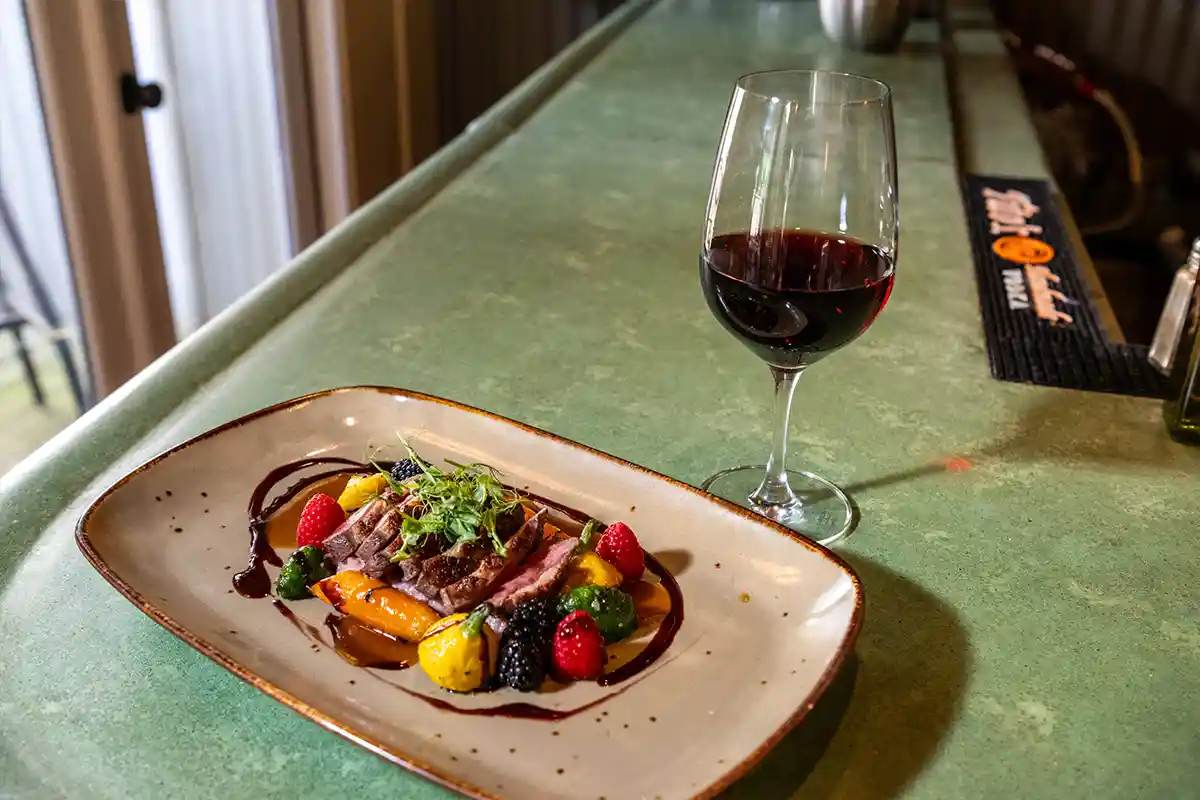 steak and vegetables at Magnolias at the Mill