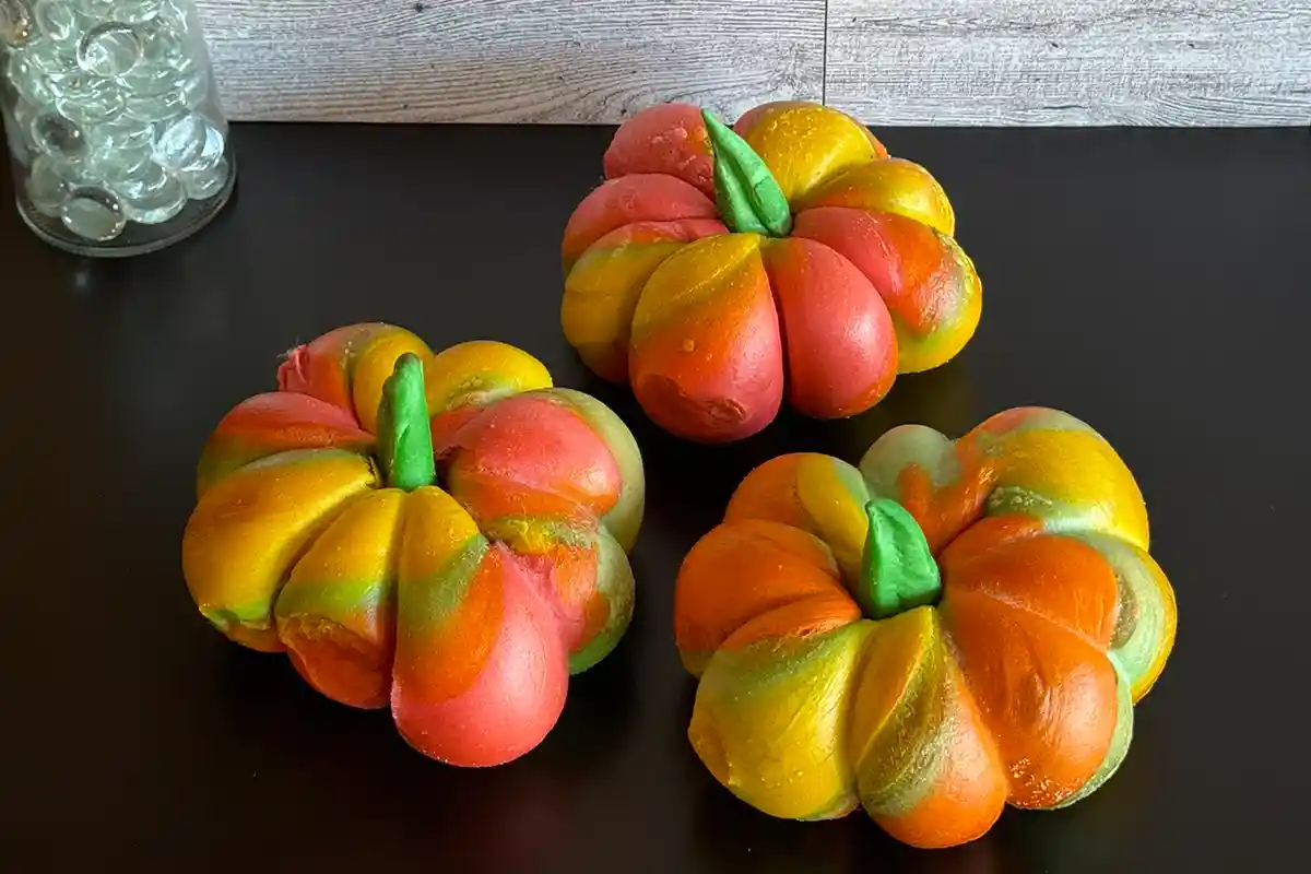multicolor pumpkin-shaped bagel
