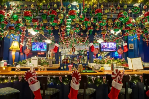 ornaments hanging from the ceiling at the bar at the omni homestead resort