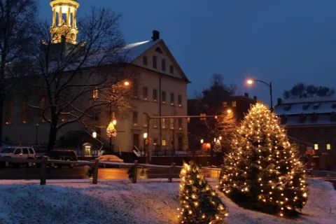 christmas trees outside Moravian church